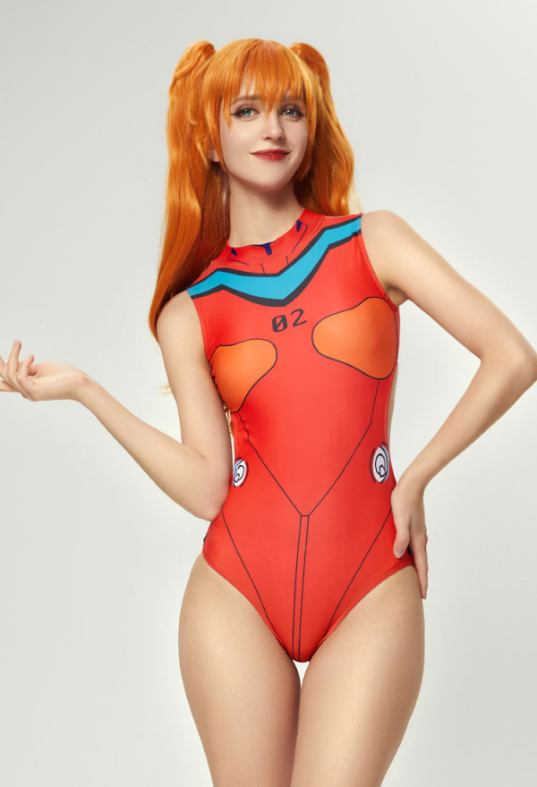 Damen Bodysuit Swimsuit Rot Badeanzug Anime High Cut Neckholder One-Piece Bademode