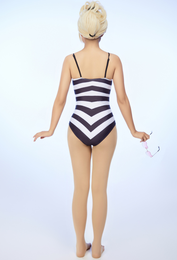 Barbara Doll Dérivé Maillot de Bain Sexuel Vintage Une-Pièce avec Rayures Noires et Blanches