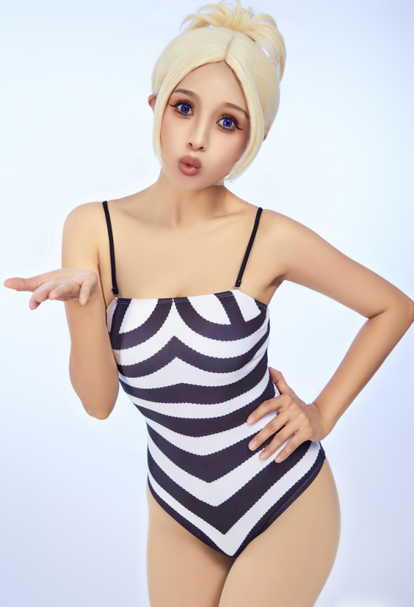 Barbara Doll Dérivé Maillot de Bain Sexuel Vintage Une-Pièce avec Rayures Noires et Blanches