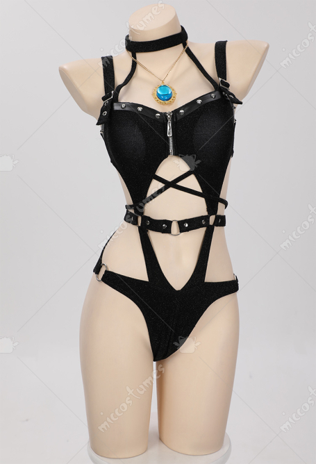 Hime Derivative One Piece Swimsuit Chest Zipper Cutout Bondage Bathing Suit with Necklace