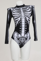 Halloween Gothic Langarm Bodysuit Schwarz Badeanzug Skelettmuster Swimsuit Bademode Bauchkontrolle