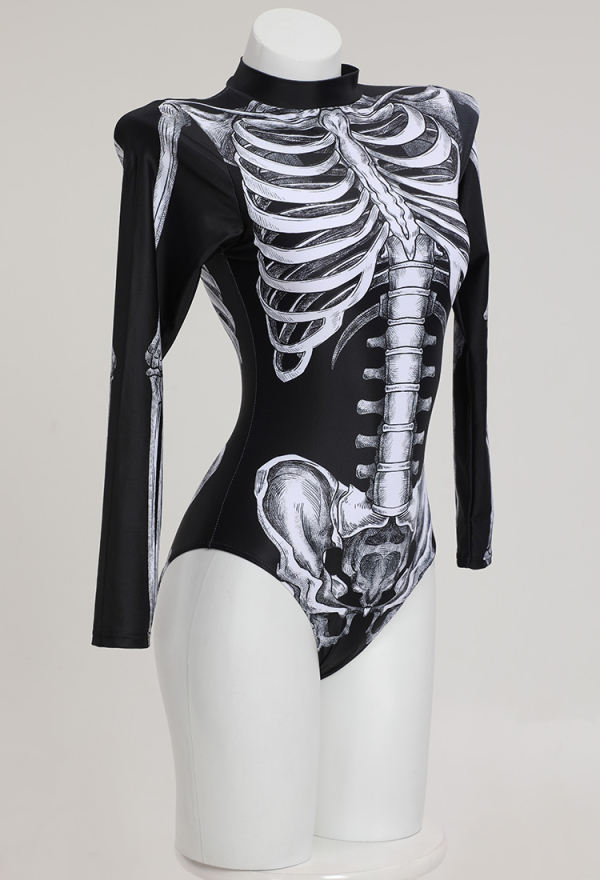 Halloween Gothic Langarm Bodysuit Schwarz Badeanzug Skelettmuster Swimsuit Bademode Bauchkontrolle