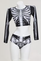 Halloween Gothic Two-Piece Swimsuit Skull Pattern Long Sleeve Top and Bottoms Bathing Suit