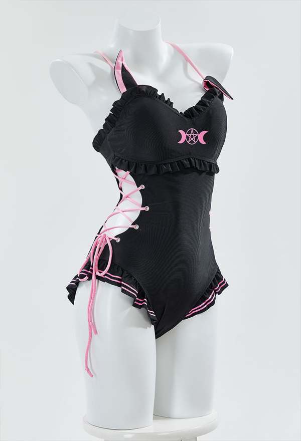 Maillot de Bain Une Pièce de Style Lapin Sexy avec Bordure en Dentelle Florale et Lacets Latéraux