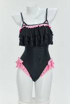 Sexy One-Piece Swimsuit Gothic Cat Style Bathing Suit Ruffles Bowknot Decor Swimwear