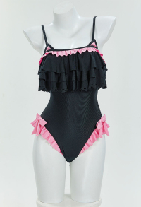 Sexy One-Piece Swimsuit Gothic Cat Style Bathing Suit Ruffles Bowknot Decor Swimwear