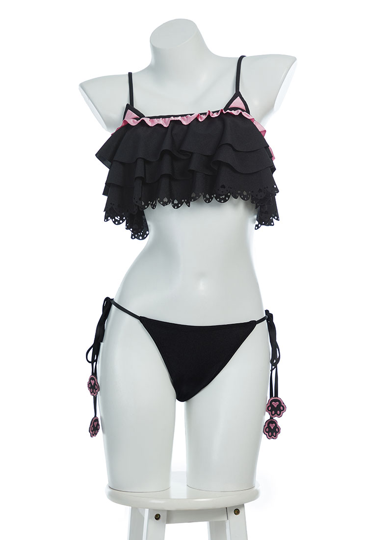 Gothic Cat Bikini Bathing Suit Set Ruffle Side Tie Two-Piece Swimsuit