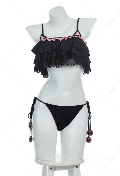 Gothic Cat Bikini Bathing Suit Set Ruffle Side Tie Two-Piece Swimsuit