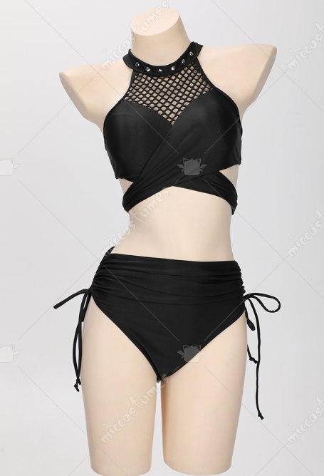 Gothic Fishnet Patchwork Hollow Swimsuit Halter Top and High Waisted Bottoms Two-Piece Bathing Suit