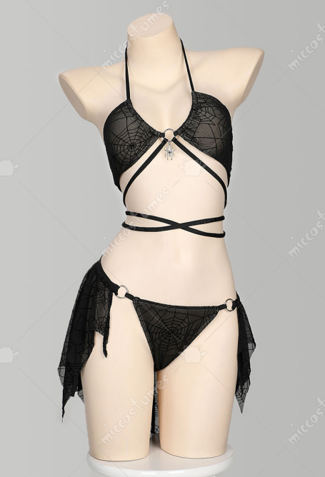 Gothic Spiderweb Patterned Two-Piece Swimsuit Bikini Set Halter Top Panty Bathing Suit with Wrap Skirt