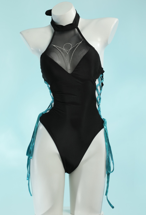 Sage Derivative Sexy Badeanzug Bodysuit Neckholder Swimsuit Netzstoff Chiffon Wickelrock Bademode Badebekleidung