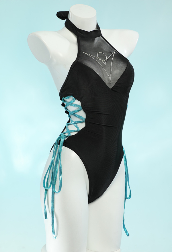 Sage Derivative Sexy Badeanzug Bodysuit Neckholder Swimsuit Netzstoff Chiffon Wickelrock Bademode Badebekleidung