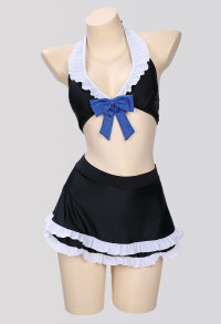 Stockings Derivative Swimsuit Halter Short Top and Skorts Two-Piece Bathing Suit with Thigh-High Stockings