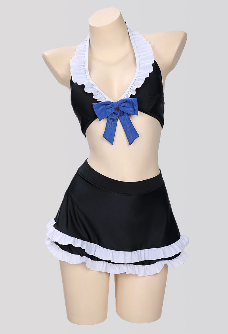 Stockings Derivative Swimsuit Halter Short Top and Skorts Two-Piece Bathing Suit with Thigh-High Stockings