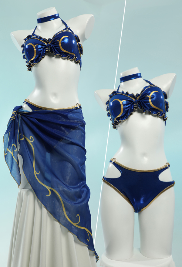 Chun Li Derivative Badeanzug Kawaii Bikini Set Neckholder Schnüroberteil Swimsuit Two Piece Bademode mit Wickelrock