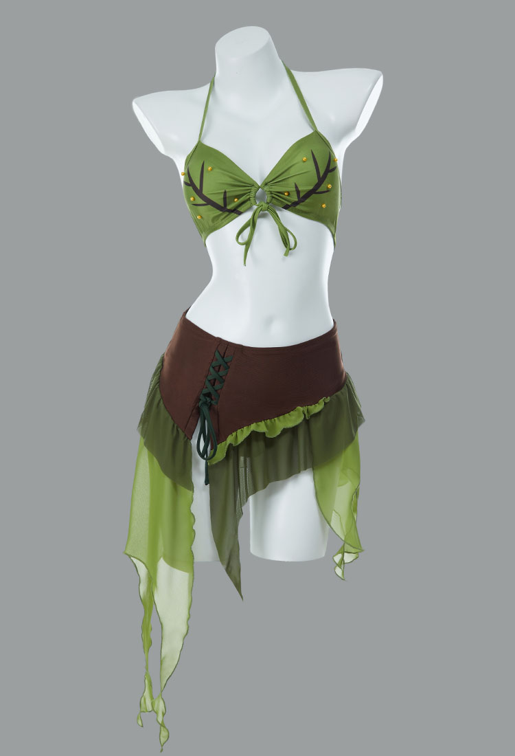 Retro Bikini Bathing Suit Magical Forest Elf Style Two-piece Swimsuit with Bra and Irregular Skirt Panty