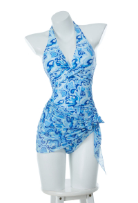 1970s Retro Halterneck One Piece Swimsuit Vintage Pattern Tummy Control Swimwear with Wrap Skirt and Headband