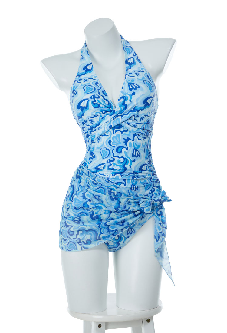 1970s Retro Halterneck One Piece Swimsuit Vintage Pattern Tummy Control Swimwear with Wrap Skirt and Headband