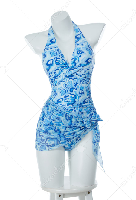 1970s Retro Halterneck One Piece Swimsuit Vintage Pattern Tummy Control Swimwear with Wrap Skirt and Headband
