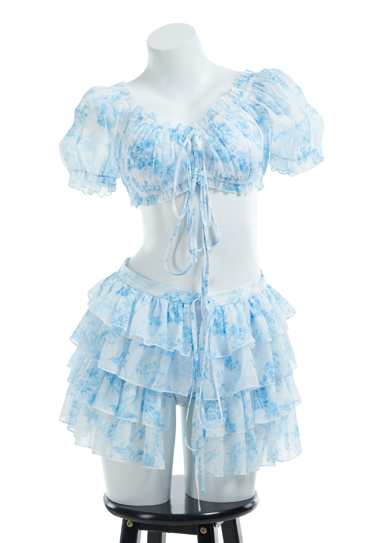 Retro Two-Piece Swimsuit Vintage Elegant Blue Floral Bikini Set Bathing Suit with Cover-up and Skirt