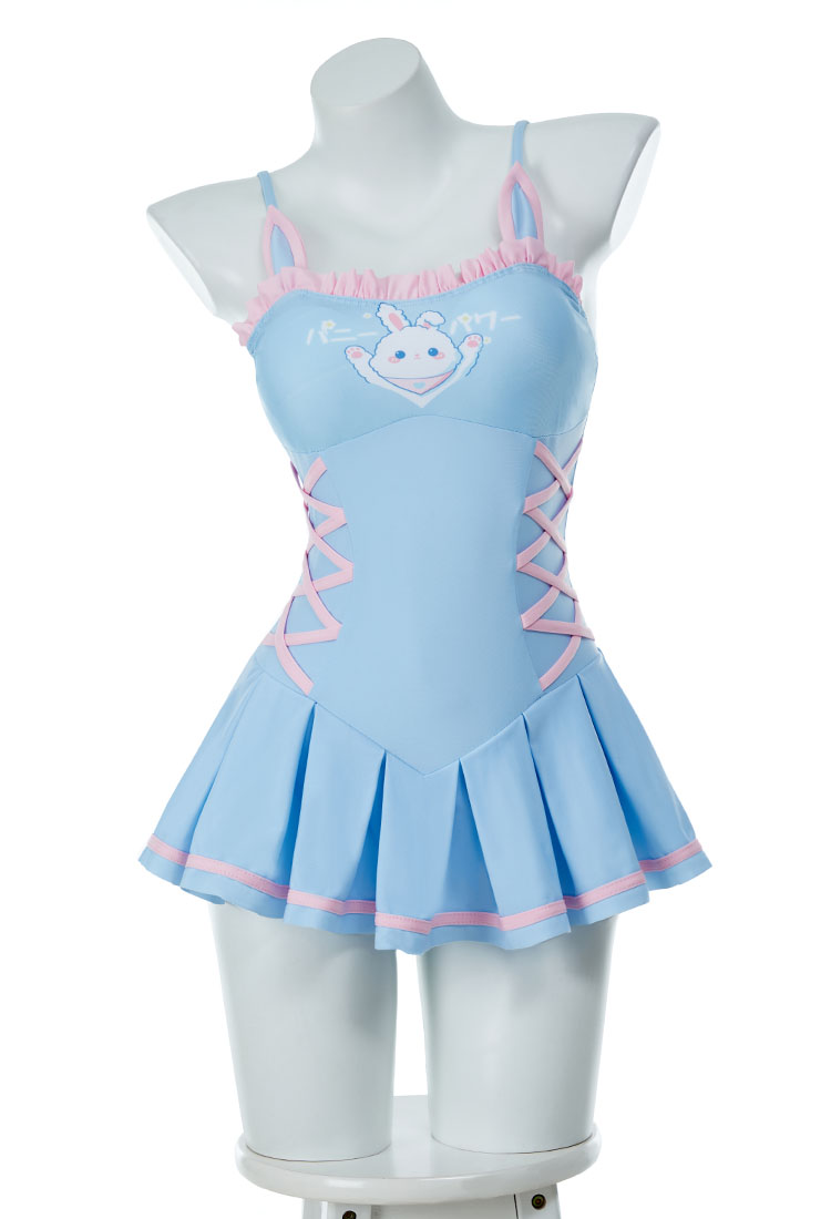Cute Bunny Pattern One Piece Swimsuit Kawaii Blue Ruffle Bathing Suit Tummy Control Swim Dress