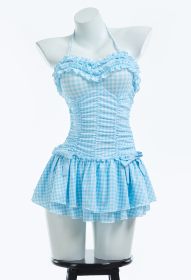 Retro Vintage Blue Plaid One Piece Swimsuit Ruffle Halter Tummy Control Bathing Suit with Hair Clip
