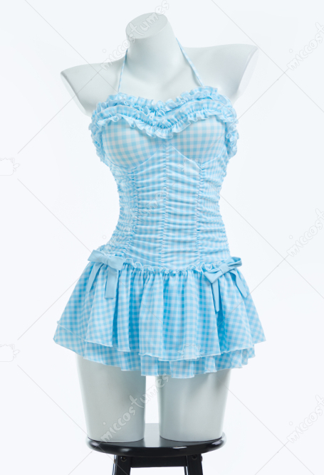 Retro Vintage Blue Plaid One Piece Swimsuit Ruffle Halter Tummy Control Bathing Suit with Hair Clip