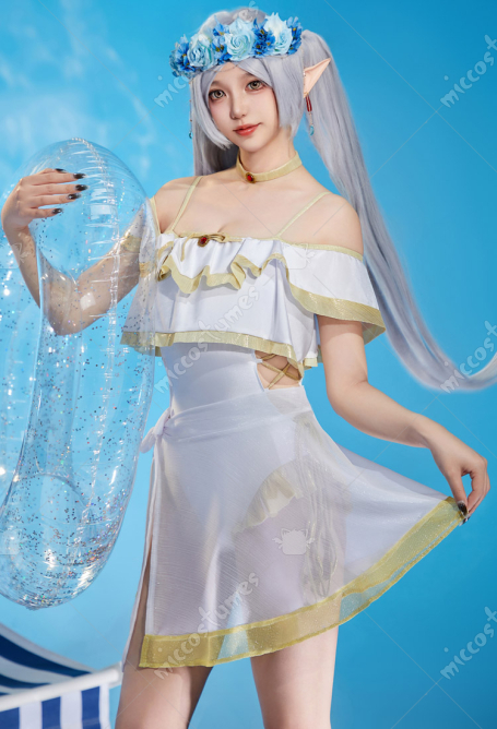 Friren Derivative One Piece Swimsuit Cross Straps Hollow Ruffle Bathing Suit with Chiffon Wrap Skirt