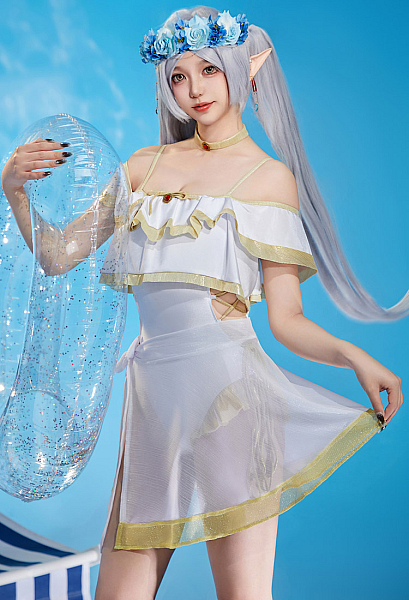 Friren Derivative One Piece Swimsuit Cross Straps Hollow Ruffle Bathing Suit with Chiffon Wrap Skirt