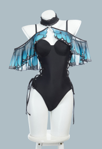 Retro Cross Strap One-Piece Swimsuit with Abdomen Control Bathing Suit with Magic Blue Butterfly Cape
