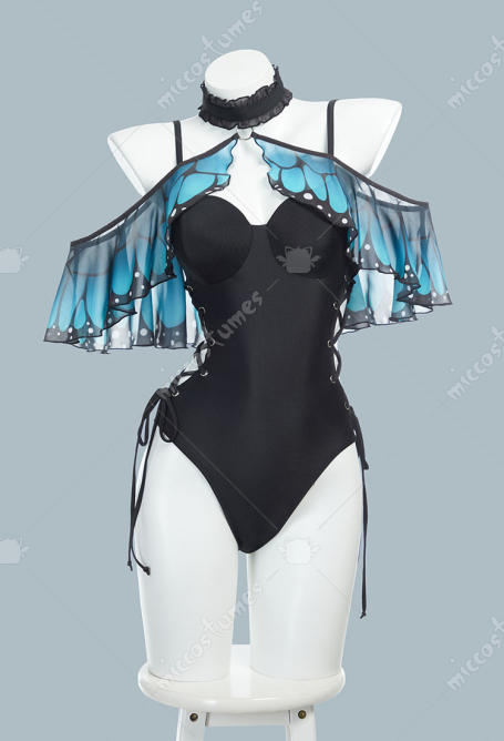 Retro Cross Strap One-Piece Swimsuit with Abdomen Control Bathing Suit with Magic Blue Butterfly Cape