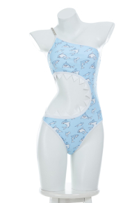 Kawaii Cute Shark Print One Piece Swimsuit One Shoulder Cutout Bathing Suit