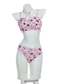Gothic Pink Cat Skull Two-piece Swimsuit Halloween Halterneck Bikini Bathing Suit