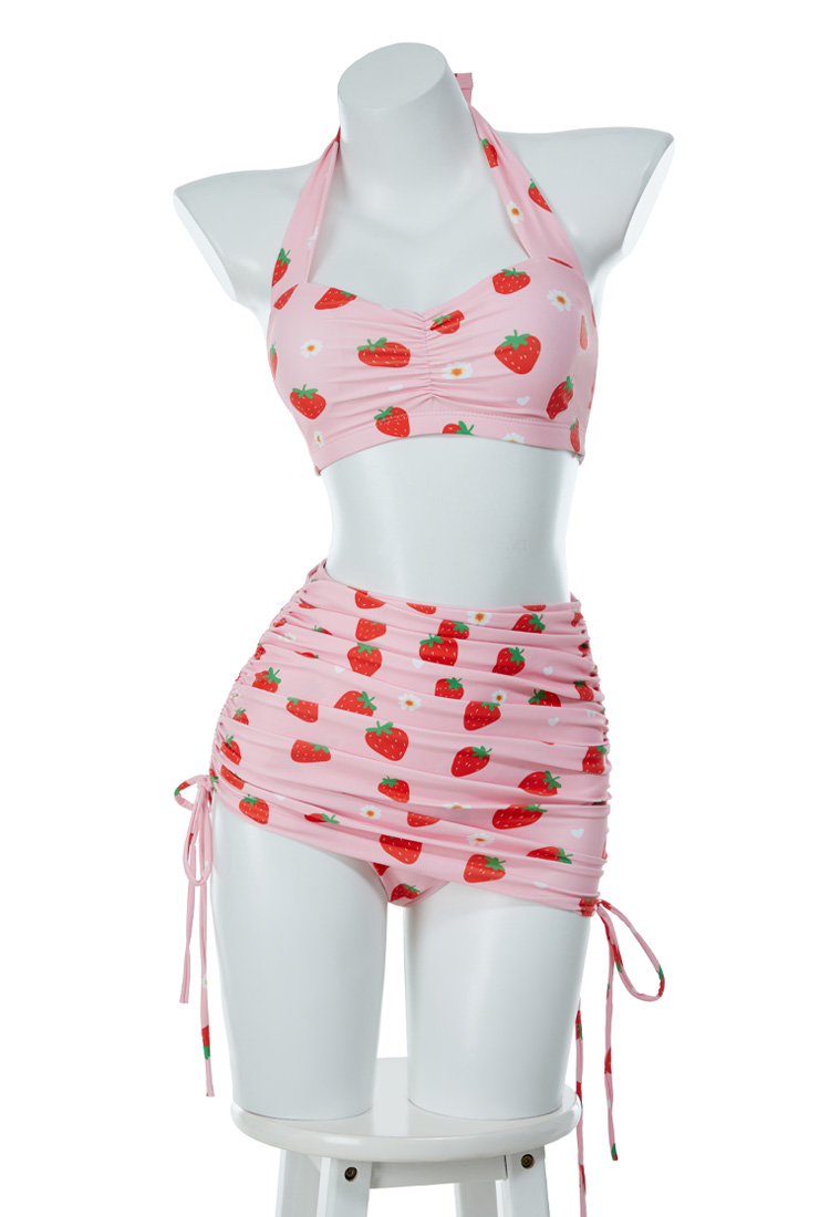 Retro Vintage Strawberry Swimsuit Halter High Waist Bikini Set Two Piece Bathing Suit