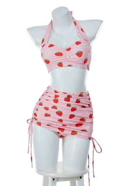 Retro Vintage Strawberry Swimsuit Halter High Waist Bikini Set Two Piece Bathing Suit