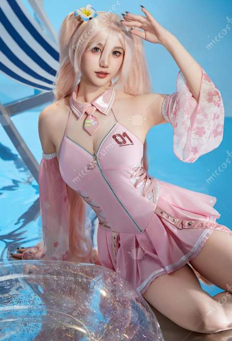 Vocal Derivative Pink Sakura One Piece Swimsuit Deep V Cherry Blossom Bathing Suit with Sleeves