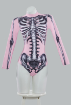Halloween Gothic Long Sleeve One Piece Swimsuit Pink Skeleton Pattern Tummy Control Bathing Suit