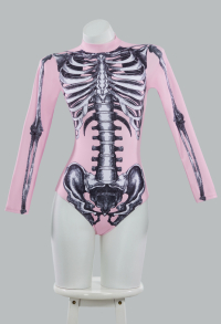 Halloween Gothic Langarm One Piece Swimsuit Rosa Skelett Muster Bauchkontrolle Badeanzug Bikini