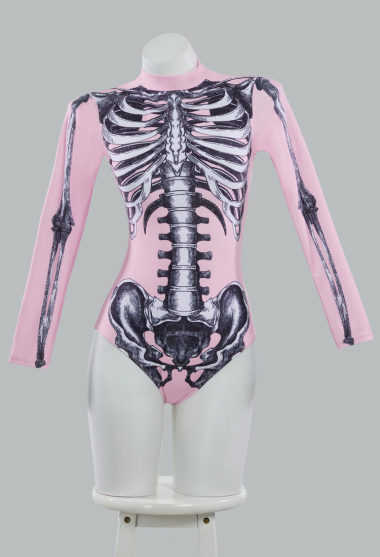 Halloween Gothic Long Sleeve One Piece Swimsuit Pink Skeleton Pattern Tummy Control Bathing Suit