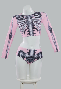 Halloween Gothic Pink Skull Pattern Two-Piece Swimsuit Long Sleeve Top Bottom Bathing Suit
