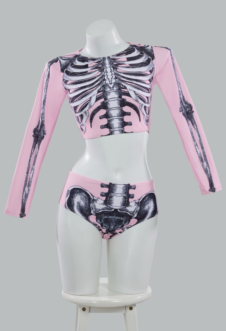 Halloween Gothic Pink Skull Pattern Two-Piece Swimsuit Long Sleeve Top Bottom Bathing Suit