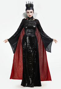 Halloween Queen Cosplay Costume Black Witch Dress with Cape with Hood