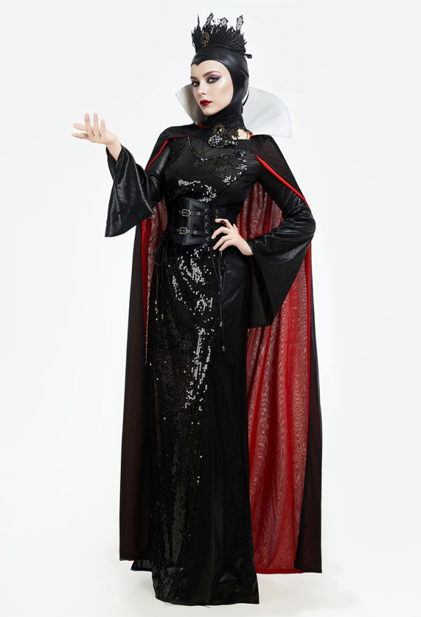 Halloween Queen Cosplay Costume Black Witch Dress with Cape with Hood Halloween Queen Cosplay Costume Black Witch Dress with Cape with Hood