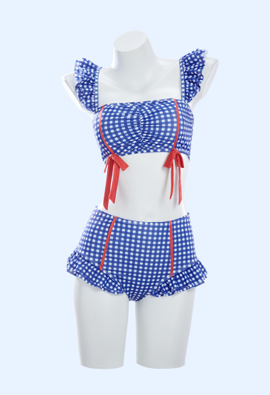 Retro Blue and White Plaid Two-piece Swimsuit Ruffled Strap Top and Bottom