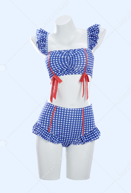Retro Blue and White Plaid Two-piece Swimsuit Ruffled Strap Top and Bottom