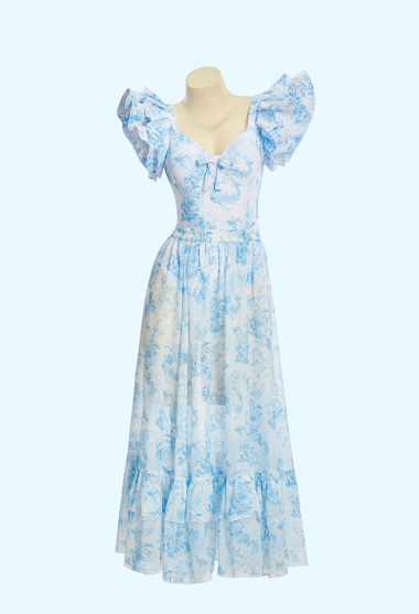 Retro Blue Floral Print One-piece Swimsuit with Ruffled Cap Sleeves and Long Skirt Cover-up