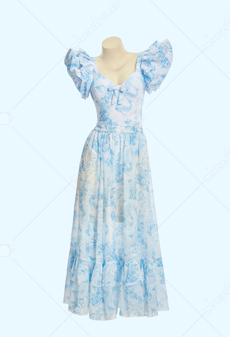 Retro Blue Floral Print One-piece Swimsuit with Ruffled Cap Sleeves and Long Skirt Cover-up