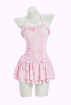 Medieval Retro Pink and White Plaid One-piece Swimsuit Ruffled Halter Neck Beach Outfit with Headpiece