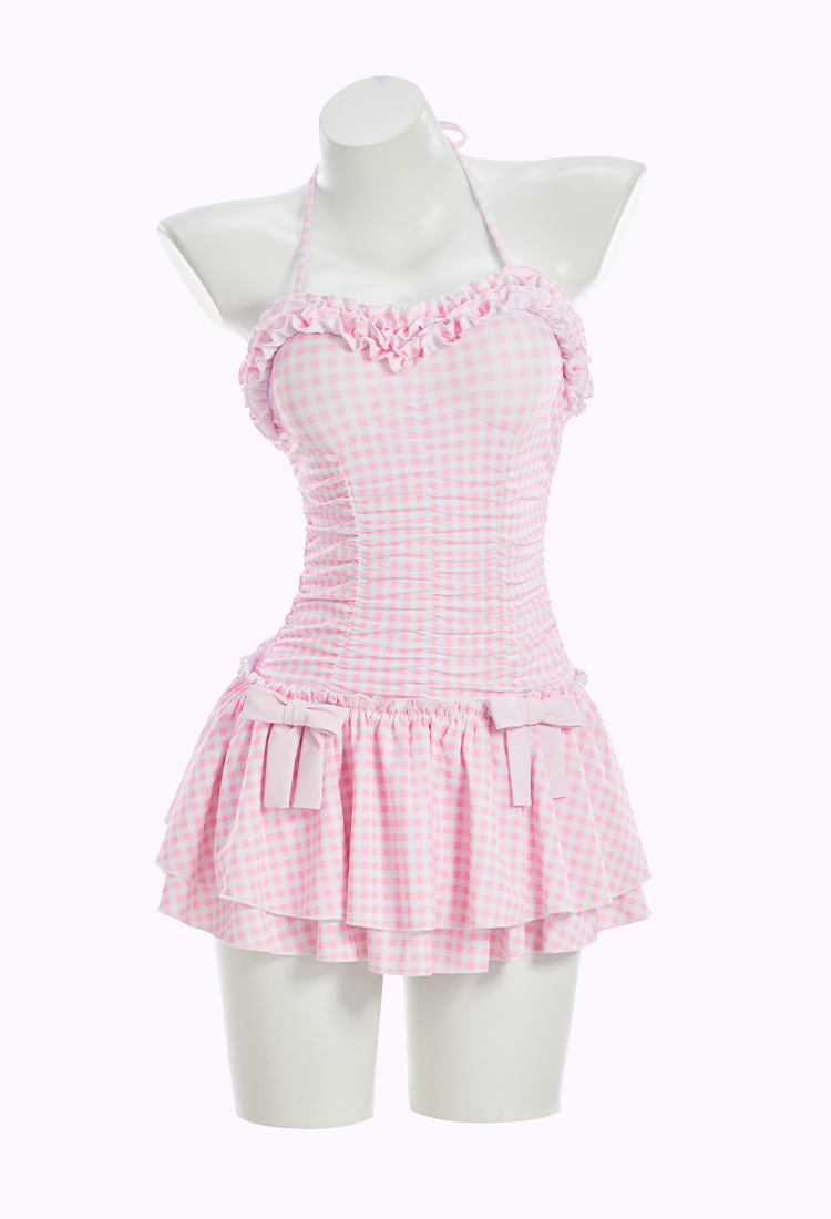 Medieval Retro Pink and White Plaid One-piece Swimsuit Ruffled Halter Neck Beach Outfit with Headpiece