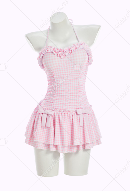 Medieval Retro Pink and White Plaid One-piece Swimsuit Ruffled Halter Neck Beach Outfit with Headpiece